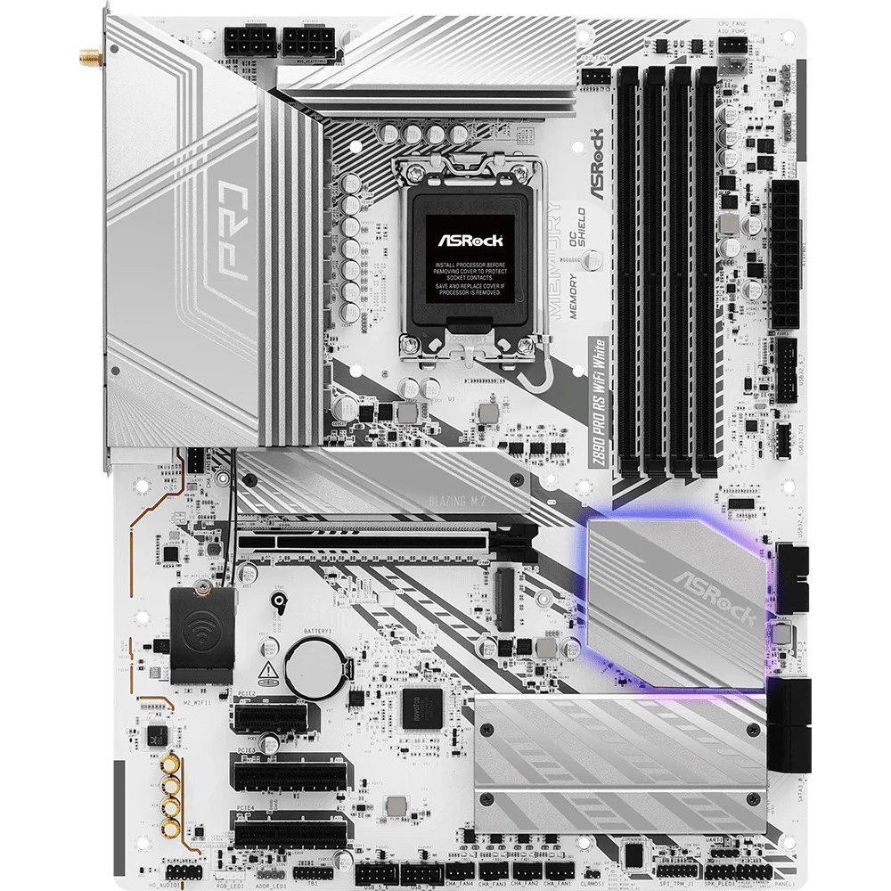 Материнская плата, ASRock, Z890 PRO RS WIFI WHITE (4710483947476), LGA1851, iZ890, 4xDDR5 4400/4800/5600/9066+(OC), 4xSATA3, 4xM.2 (3*PCI-E 4.0x4. 1*PCI-E 4.0x4 & SATA3), Raid, 1xHDMI, 1xDP, 2xThund