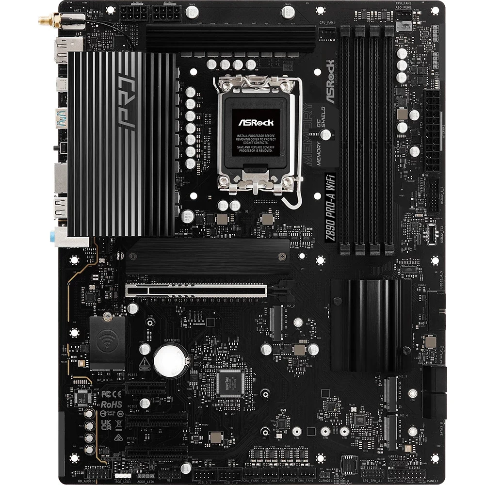 Материнская плата, ASRock, Z890 PRO-A WIFI, LGA1851, iZ890, 4xDDR5 4400/4800/5600/9466+(OC), 4xSATA3, 4xM.2 (1*PCI-E 5.0x4, 2*PCI-E 4.0x4, 1*PCI-E 4.0x4 & SATA), Raid, 1xHDMI, 1xDP, 1xThunderbolt™ 4