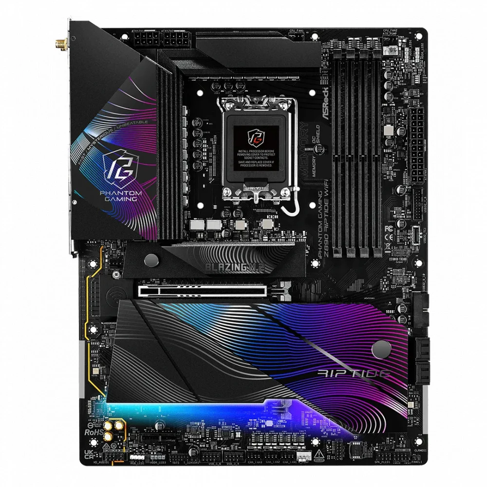 Материнская плата, ASRock, Z890 RIPTIDE WIFI (4710483949647), LGA1851, iZ890, 4xDDR5 4400/4800/5600/9466+(OC), 4xSATA3, 5xM.2 (1*PCI-E 5.0x4, 3*PCI-E 4.0x4, 1*PCI-E 4.0x4 & SATA), Raid, 1xHDMI, 2xTh