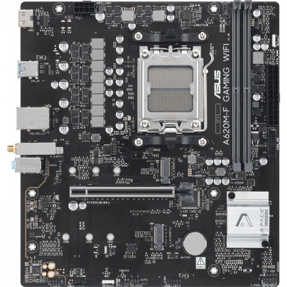 ASUS A620M-F GAMING WIFI (Socket AM5, mATX, 4xDDR5(192GB), HDMI, 1xPCIe 4.0x16/2xPCIe 3.0x1, 2,5xLAN, 3xM.2, 2,5xLAN,WiFi 6E, BT, 2xUSB 3.2, 4xUSB 2.0,1xPS/2)