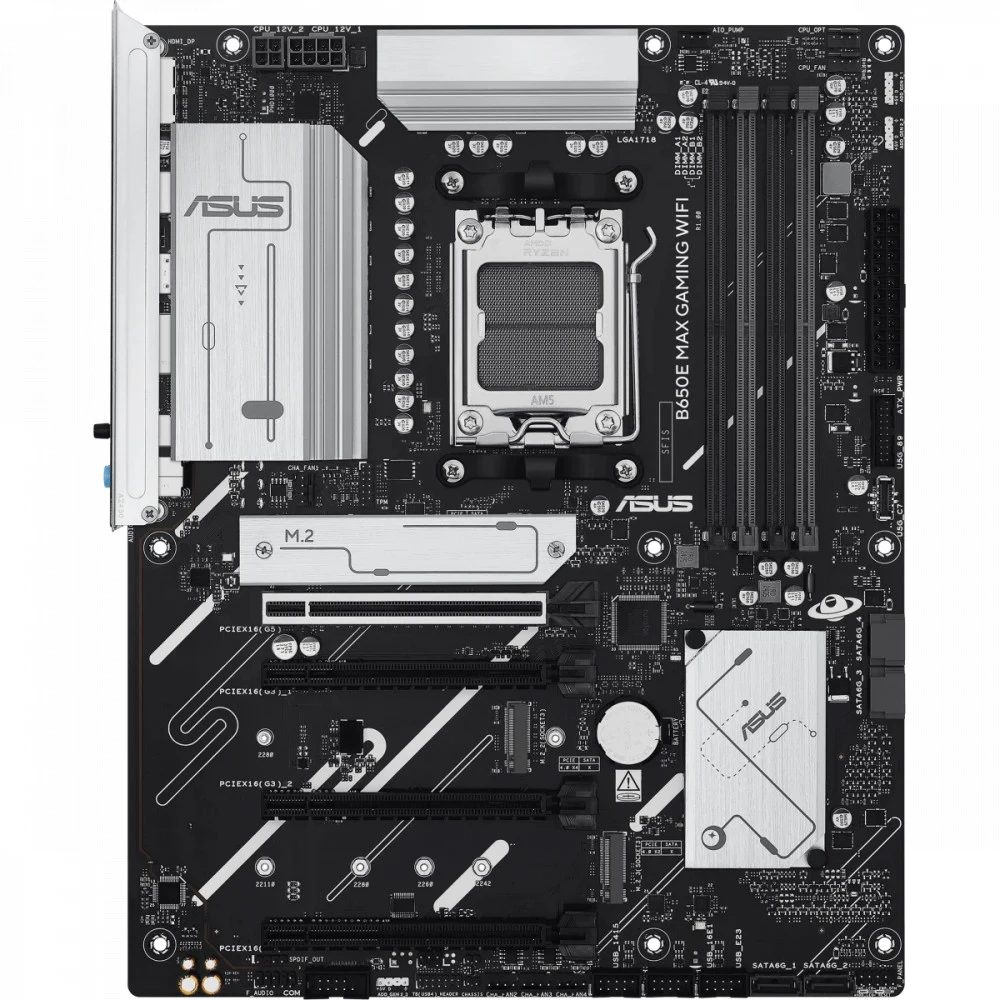 ASUS B650E MAX GAMING WIFI (Socket AM5, ATX, 4xDDR5(256GB), DP/HDMI, 1xPCIe 5.0x16/1xPCIe 4.0x16/2xPCIe 3.0x16, 2,5xLAN, 4xSATA 6Gb/s, 3xM.2, 1 x Thunderbolt, WiFi 6E, 1xType-С, 5xUSB 3.2, 2xUSB 2.0