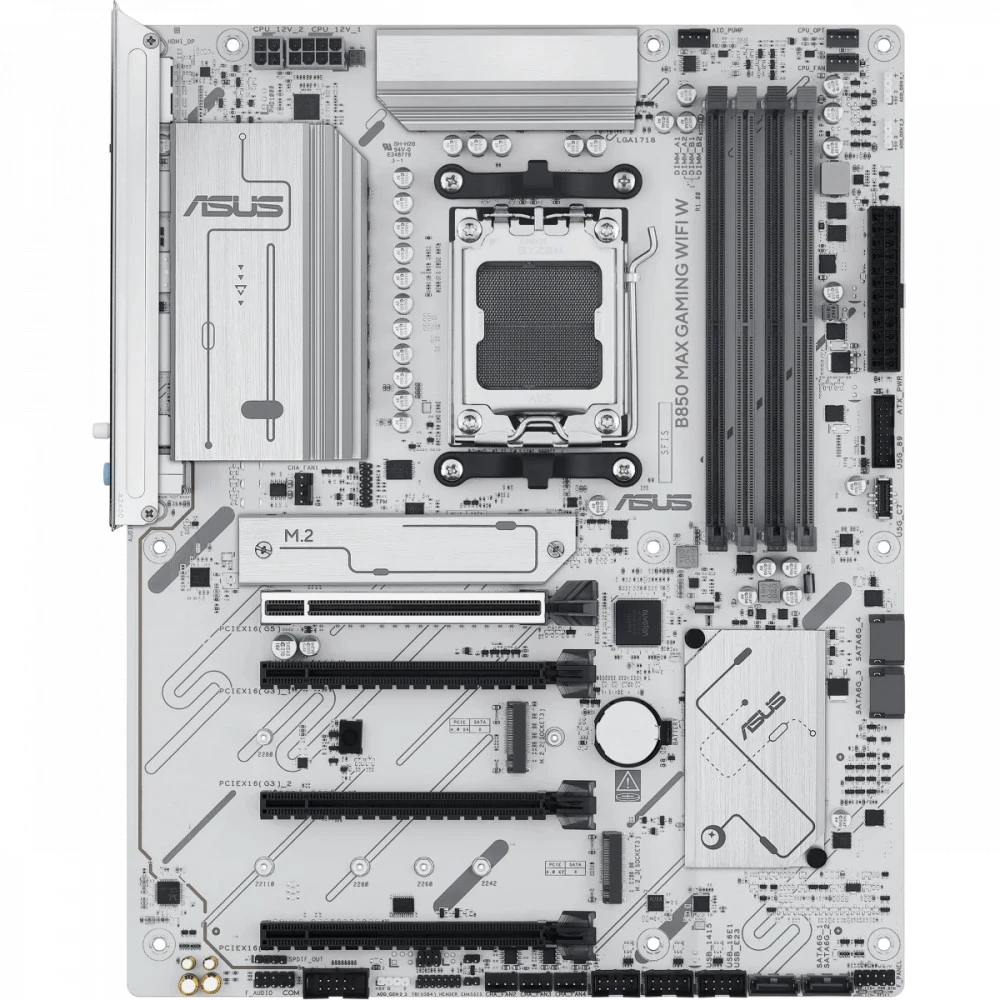 ASUS B850 MAX GAMING WIFI W (Socket AM5, ATX, 4xDDR5(256GB), DP/HDMI 2.1, 1xPCIe 5.0x16/1xPCIe 4.0x16/2xPCIe 3.0x16, 1xLAN (2.5GbE), Wi-Fi, BT, 4xSATA 6Gb/s, 3xM.2, 1*Type-C, 5xUSB 3.2, 2xUSB 2.0)