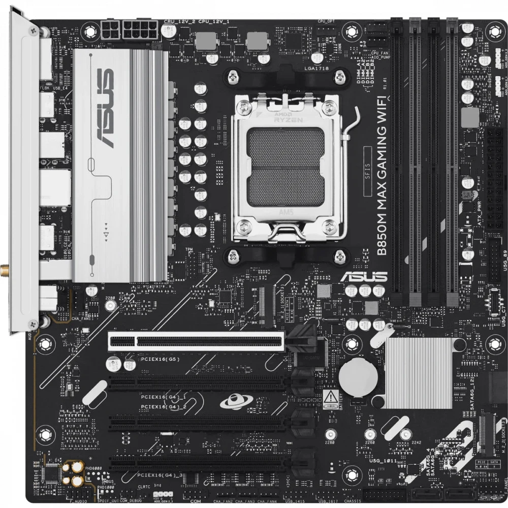 ASUS B850M MAX GAMING WIFI (Socket AM5, mATX, 4xDDR5(256GB), DP/HDMI, 1xPCIe 5.0x16/1xPCIe 4.0, 1xLAN(5GbE), Wi-Fi 6, 4xSATA 6Gb/s, 2xM.2, 2xType-C, 3xUSB 3.2, 2xUSB 2.0)