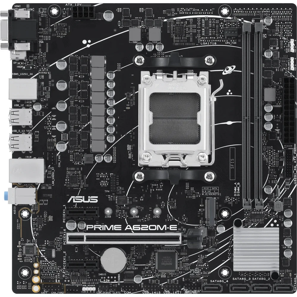 ASUS PRIME A620M-E-CSM (Socket AM5, mATX, 2xDDR5(96GB), VGA/DP/HDMI, 1xPCIe 4.0x16/2xPCIe 4.0x1, 1xLAN, 4xSATA 6Gb/s, 1xM.2, 2xUSB 3.2, 4xUSB 2.0, 1xPS/2)