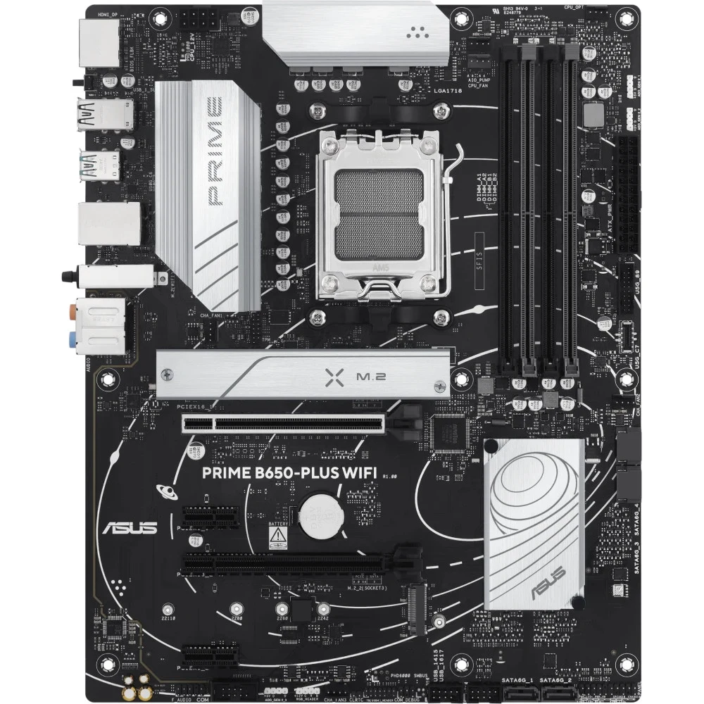 ASUS PRIME B650-PLUS WIFI (Socket AM5, ATX, 4xDDR5(128GB), DP/HDMI 2.1, 2xPCIe 4.0x16/2xPCIe 4.0, 1xLAN (2.5GbE), Wi-Fi 6E, 4xSATA 6Gb/s, 2xM.2, 1xM.2 E key, 1xType-C, 5xUSB 3.2, 2xUSB 2.0)