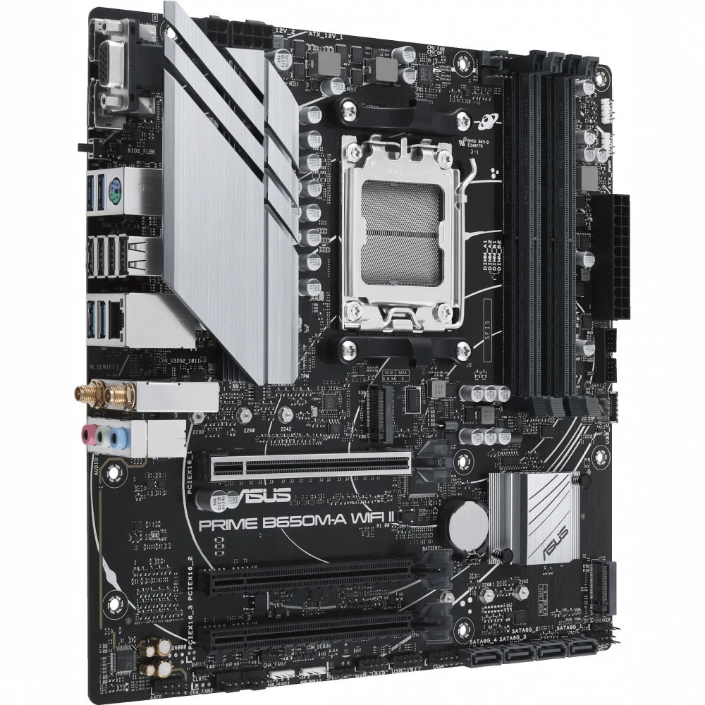ASUS PRIME B650M-A WIFI II RTL (Socket AM5, mATX, 4xDDR5(128GB), VGA/DP/HDMI, 3xPCIe 4.0x16, 2,5xLAN, 4xSATA 6Gb/s, 2xM.2, WiFi 6E, 1xType-С, 2xUSB 3.1, 2xUSB 3.2, 4xUSB 2.0, 1xPS/2)