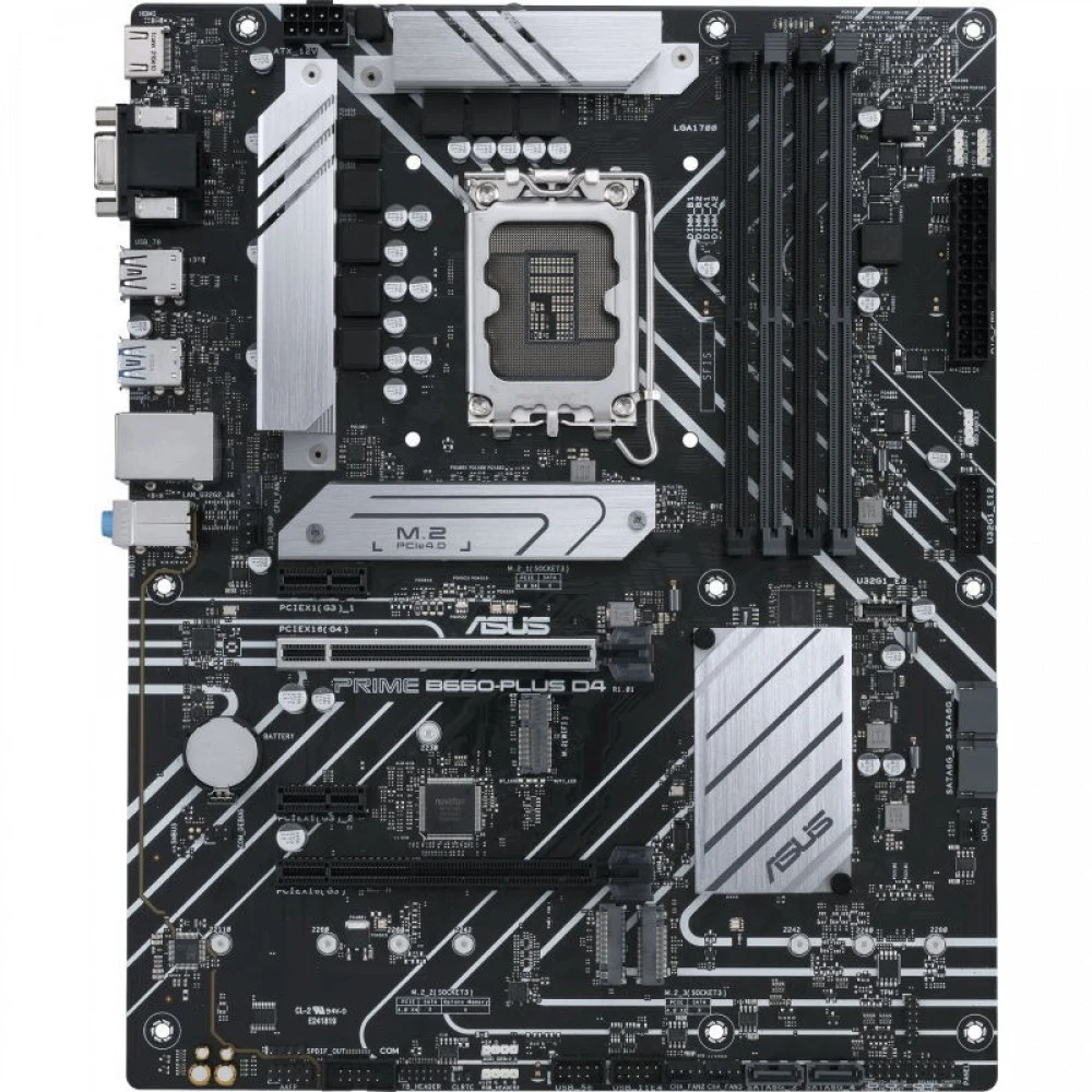 ASUS PRIME B660-PLUS D4 (Socket 1700, ATX, 4xDDR4(128GB), VGA/HDMI/DP, 1xPCIe 4.0x16, 1xPCIe 3.0x16/2xPCIe 3.0, 1xLAN, 4xSATA 6Gb/s, 3xM.2, 1xM.2 E key, 1xUSB-C, 3xUSB 3.2, 2xUSB 2.0)