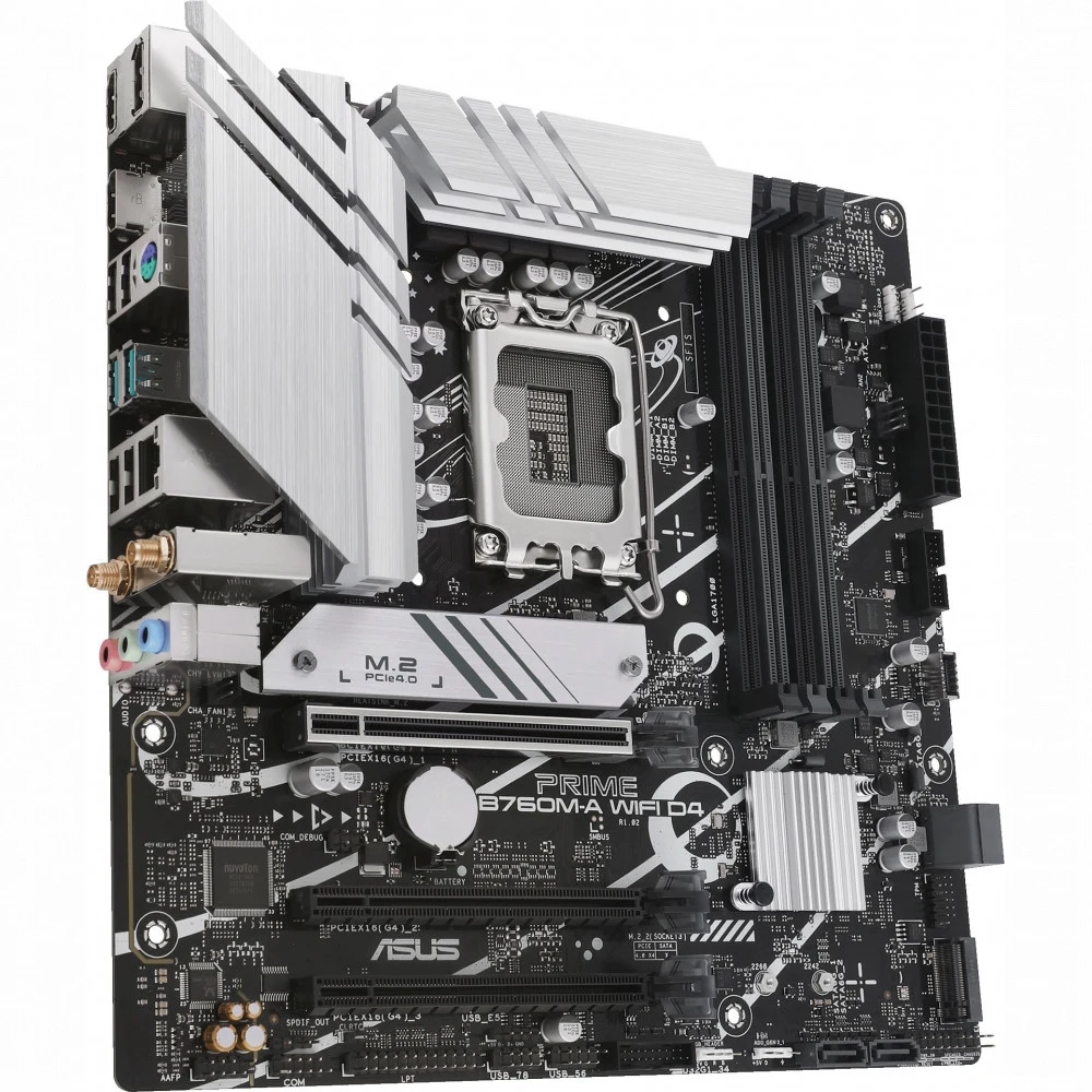 ASUS PRIME B760M-A WIFI D4 (Socket 1700, mATX, 4xDDR4(128GB), DP/2xHDMI 2.1, 3xPCIe 4.0x16, 1xLAN (2.5GbE), Wi-Fi, BT, 4xSATA 6Gb/s, 2xM.2, 2xUSB 3.2, 4xUSB 2.0, 1xPS/2)