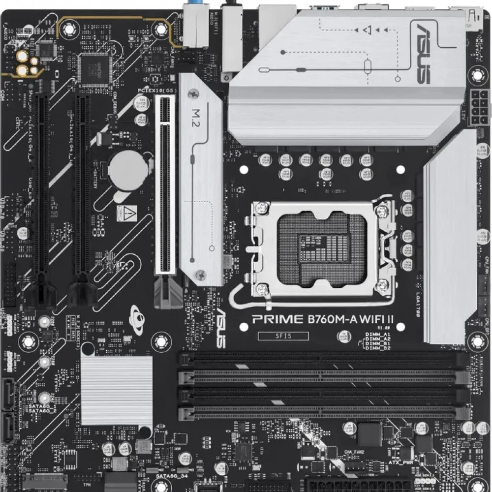 ASUS PRIME B760M-A WIFI II (Socket1700, mATX, 4xDDR5(256GB), DP/HDMI, 1xPCIe 5.0x16/2xPCIe 4.0x16, 1xLAN (2.5GbE), Wi-Fi, BT, 4xSATA 6Gb/s, 2xM.2, 2xUSB 3.2, 4xUSB 2.0)
