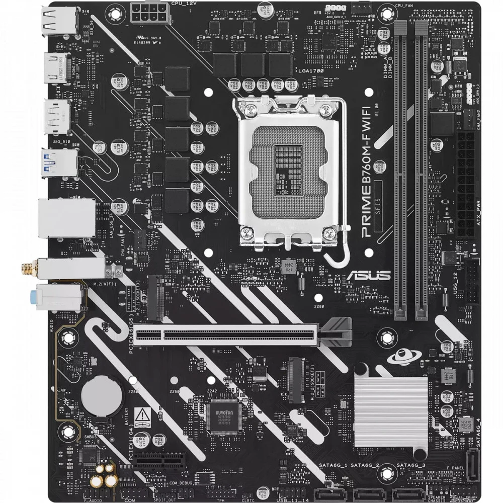 материнская плата ASUS PRIME B760M-F WIFI, LGA1700, B760, 2*DDR5, 4*SATA, 2*M.2, 4*USB 3.2, 2*USB 2.0, 1*PCIx16, 1*PCIx1, HDMI+DP, mATX 90MB1N00-M0EAY0