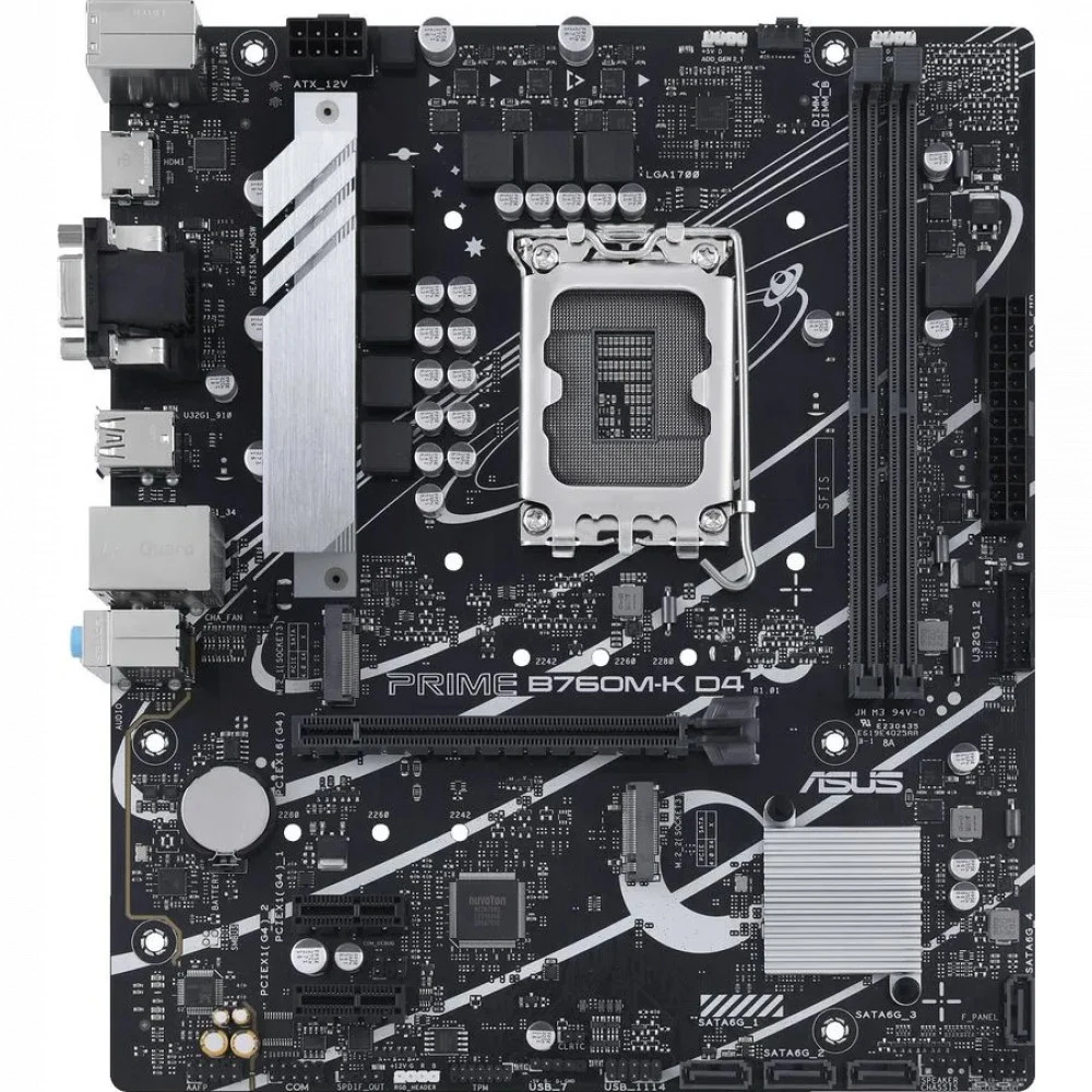 ASUS PRIME B760M-K (Socket 1700, mATX, 2xDDR5(96GB), VGA/HDMI 2.1, 1xPCIe 4.0x16/2xPCIe 4.0, 1xLAN (2.5GbE), 4xSATA 6Gb/s, 2xM.2, 4xUSB 3.2, 2xUSB 2.0, 1xPS/2)