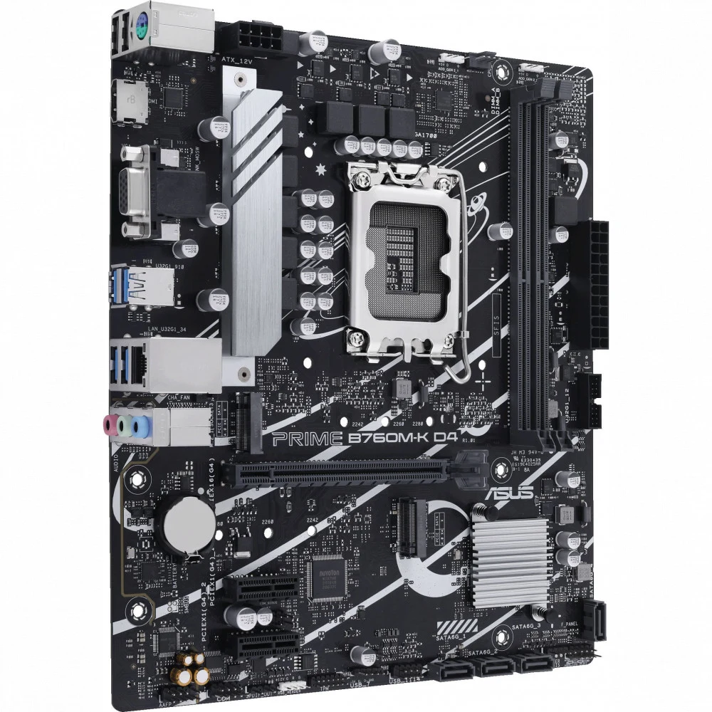 ASUS PRIME B760M-K D4 (Socket 1700, mATX, 2xDDR4(64GB), VGA/HDMI 2.1, 1xPCIe 4.0x16/2xPCIe 4.0, 1xLAN (2.5GbE), 4xSATA 6Gb/s, 2xM.2, 4xUSB 3.2, 2xUSB 2.0, 1xPS/2)