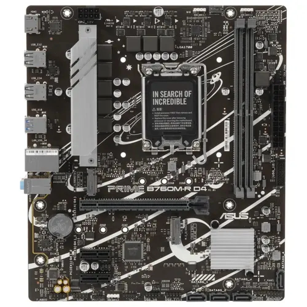 ASUS PRIME B760M-R D4 (Socket 1700, mATX, 2xDDR4(64GB), HDMI 2.1, 1xPCIe 4.0x16/2xPCIe 4.0 x1 , 1xLAN (2.5GbE), 4xSATA 6Gb/s, 2xM.2, 4xUSB 3.2, 4xUSB 2.0)