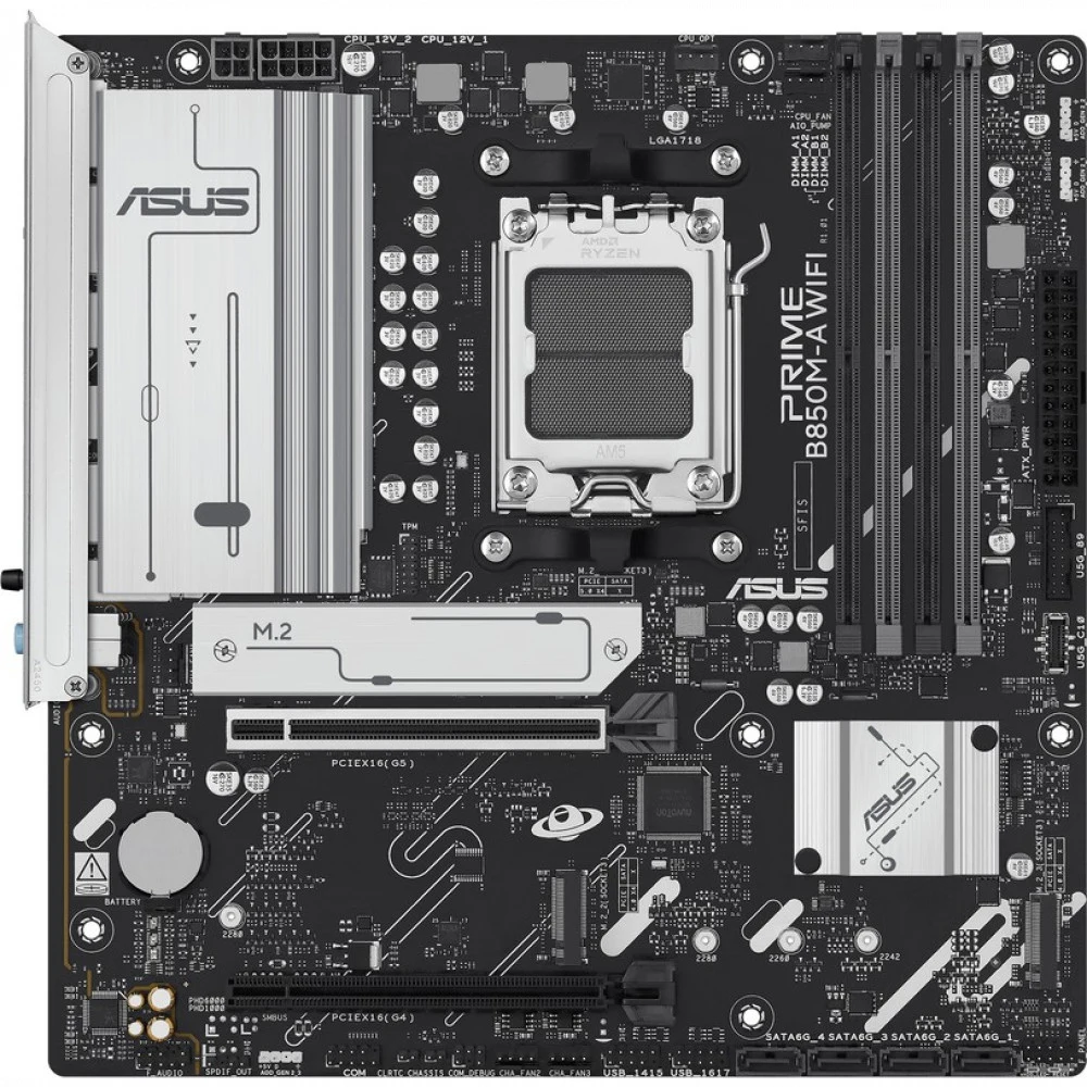 ASUS PRIME B850M-A WIFI (Socket AM5, mATX, 4xDDR5(256GB), 2*DP/HDMI, 1xPCIe 5.0x16/1xPCIe 4.0x16, 1xLAN (2.5GbE), Wi-Fi 6E, BT, 4xSATA 6Gb/s, 3xM.2, 4xUSB 3.1, 4xUSB 2.0)