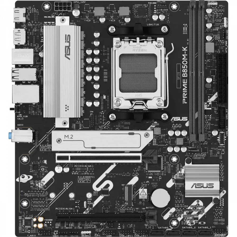 ASUS PRIME B850M-K (Socket AM5, mATX, 2xDDR5(128GB), DP/HDMI, 1xPCIe 5.0x16/1xPCIe 4.0x16, 1xLAN (2.5GbE), 4xSATA 6Gb/s, 2xM.2, 1xType-C, 4xUSB 3.2, 4xUSB 2.0, PS/2)