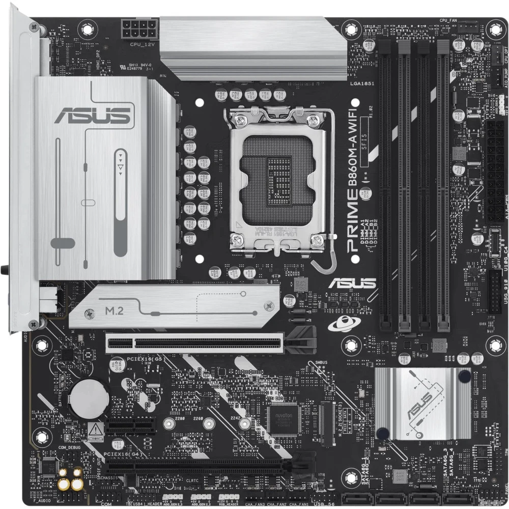 ASUS PRIME B860M-A WIFI (Socket 1851, mATX, 4xDDR5(256GB), DP/HDMI, 1xPCIe 5.0x16/1xPCIe 4.0x16/1xPCIe 4.0x1, 1xLAN(2.5GbE), Wi-Fi, BT, 4xSATA 6Gb/s, 2xM.2, 1xType-C, 3xUSB 3.2, 4xUSB 2.0)