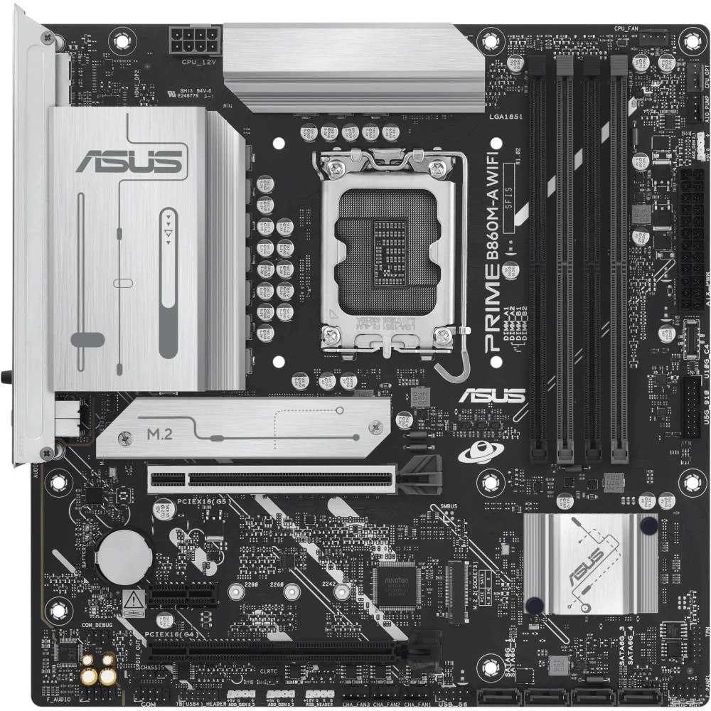 ASUS Main Board Desktop LGA1851 Intel B860 Chipset 4 x DIMM slots, max. 256GB, DDR5 2 x DisplayPort 1 x HDMI 1 x Wi-Fi module 2 x M.2 slots 4 x SATA micro-ATX Form Factor