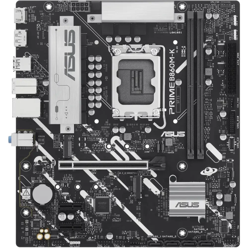 ASUS PRIME B860M-K (Socket 1851, mATX, 2xDDR5(128GB), DP/HDMI, 1xPCIe 4.0x16/2xPCIe 4.0x1, 1xLAN (2.5GbE), 4xSATA 6Gb/s, 2xM.2, 3xUSB 3.2, 3xUSB 2.0)