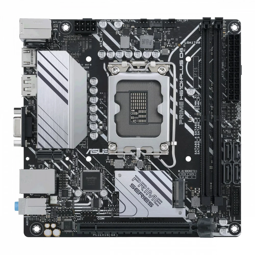 ASUS PRIME H610I-PLUS D4-CSM (Socket 1700, mini ITX, 2xDDR4(64GB), D-SUB/HDMI 2.1/DP, 1xPCIe 4.0x16, 1xLAN, 4xSATA 6Gb/s, 1xM.2, 1xM.2 E key, 2xUSB 3.2, 2xUSB 2.0, 1xPS/2)