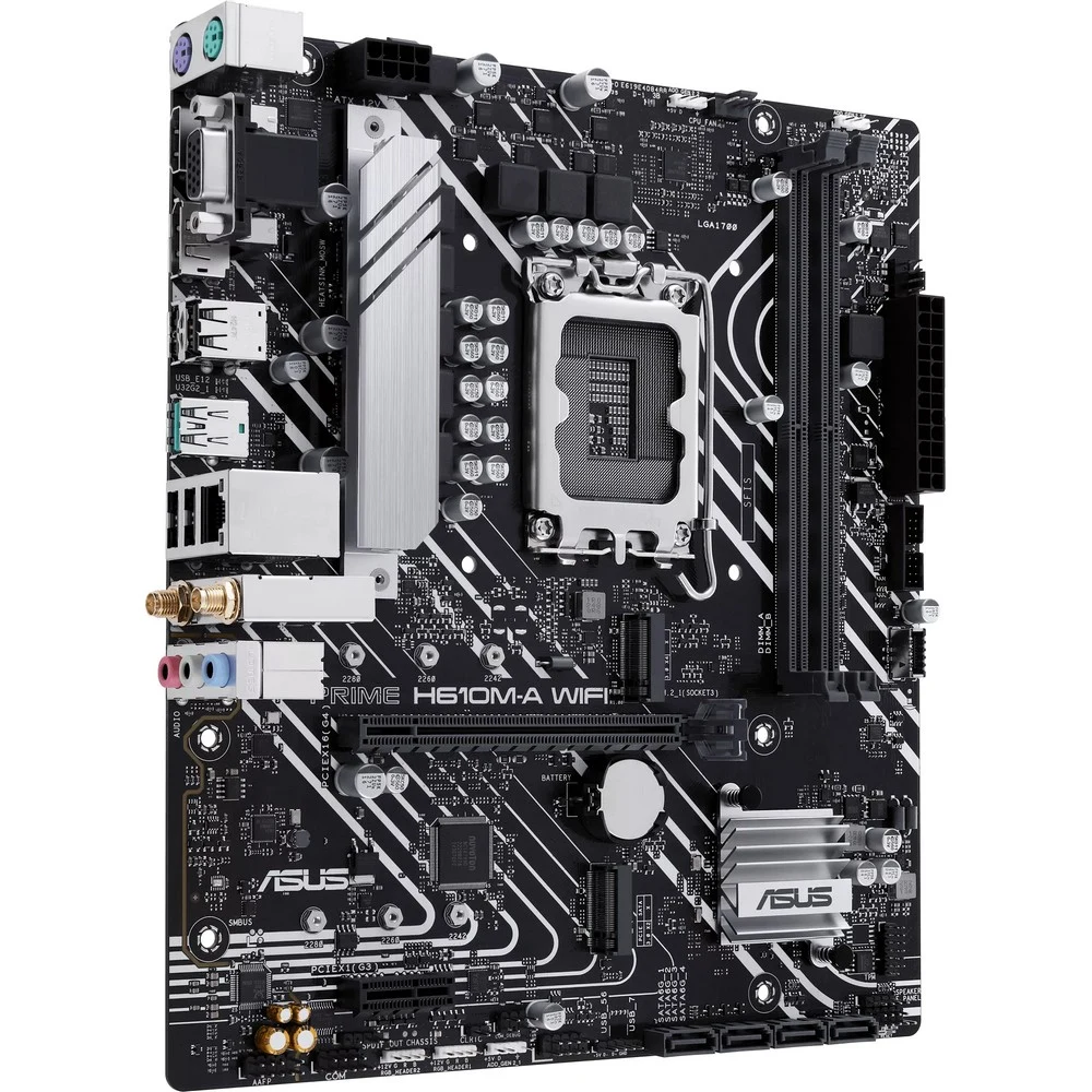 ASUS PRIME H610M-A WIFI (Socket 1700, mATX, 2xDDR5(96GB), VGA/DP/HDMI, 1xPCIe 4.0x16/1xPCIe 3.0, 1xLAN, Wi-Fi, BT, 4xSATA 6Gb/s, 2xM.2, 1xUSB 3.2, 4xUSB 2.0, 2xPS/2)