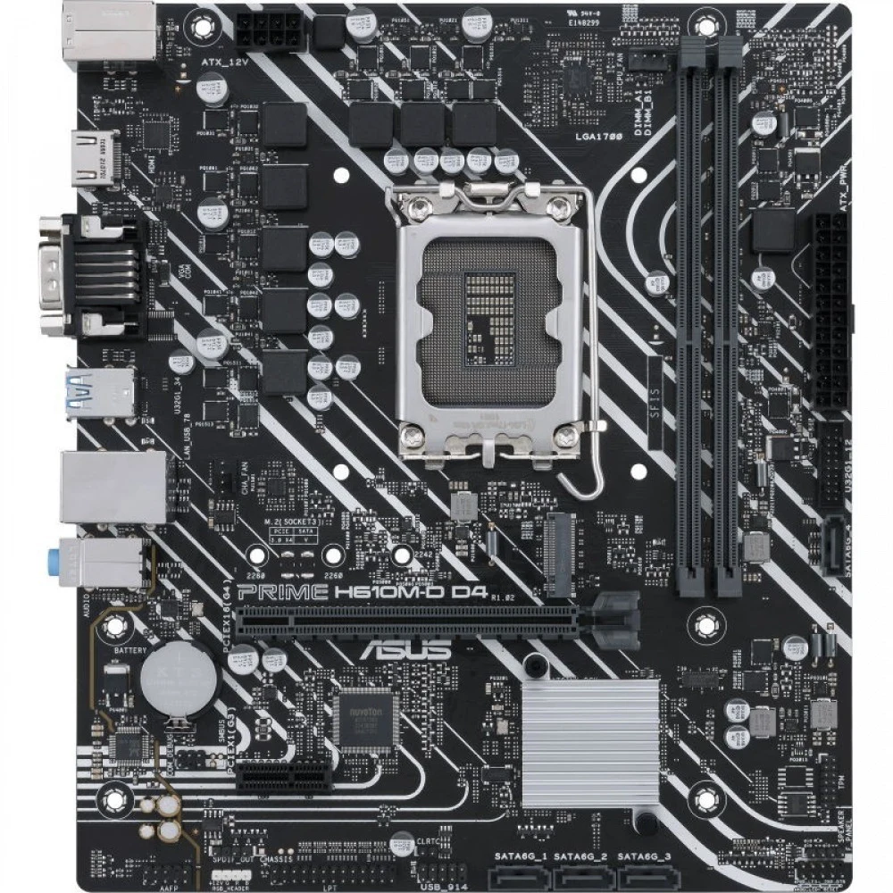 Материнская плата ASUS PRIME H610M-D D4, LGA1700, H610, 2*DDR4, 4*SATA, 1*M.2, 2*USB 3.2, 4*USB 2.0, 1*COM port, 1*PCIx16, 1*PCIx1, HDMI+D-Sub, mATX 90MB1A00-M0EAY0