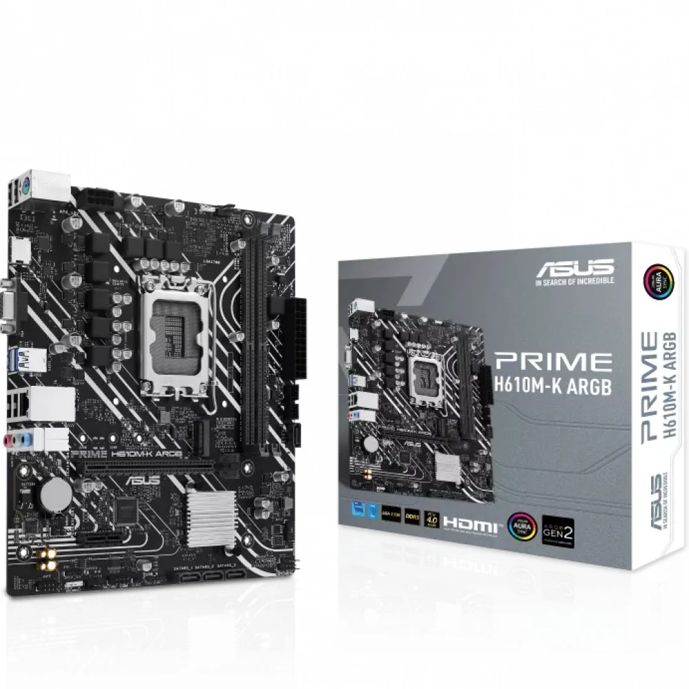 ASUS PRIME H610M-K ARGB (Socket 1700, mATX, 2xDDR5(96GB), VGA/HDMI 2.1, 1xPCIe 4.0x16/1xPCIe 3.0, 1xLAN, 4xSATA 6Gb/s, 1xM.2, 2xUSB 3.2, 4xUSB 2.0, 1xPS/2)