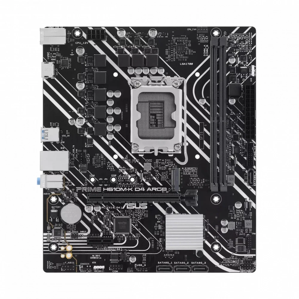 ASUS PRIME H610M-K D4 ARGB (Socket 1700, mATX, 2xDDR4(64GB), HDMI 2.1, 1xPCIe 4.0x16/1xPCIe 3.0/1xLAN, 4xSATA 6Gb/s, 1xM.2, 2xUSB 3.2, 4xUSB 2.0, 1xPS/2)