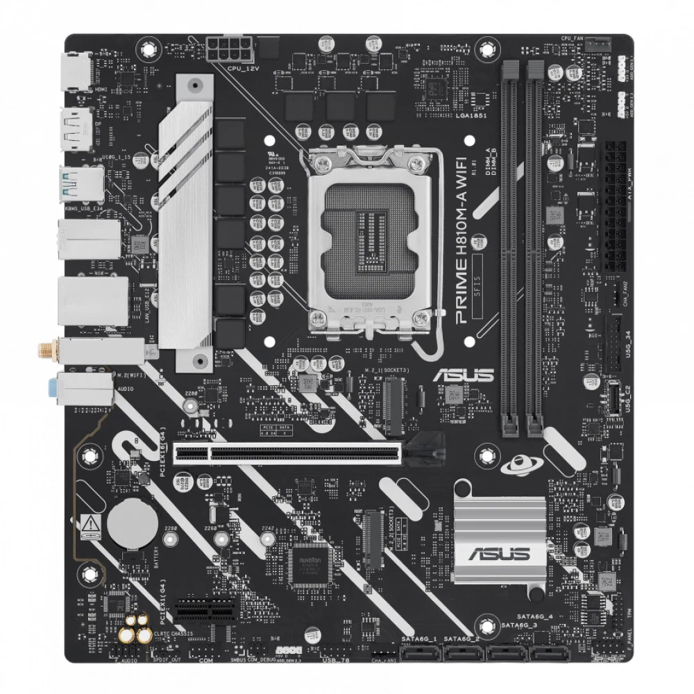 Материнская плата ASUS PRIME H810M-A WIFI, LGA1851, B810, 2*DDR5, 4*SATA, 2*M.2, 2*USB 3.2, 4*USB 2.0, 1*PCIx16, 1*PCIx1, HDMI+DP, mATX 90MB1KJ0-M0EAY0