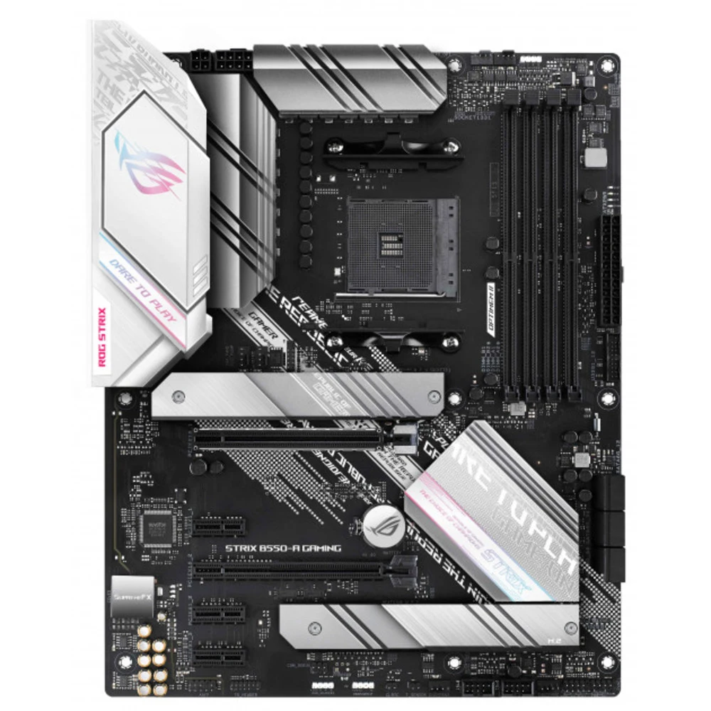 ASUS ROG STRIX B550-A GAMING (Socket AM4, ATX, 4xDDR4(128GB), HDMI 2.1/DP, 1xPCIe 4.0x16/1xPCIe 3.0x16/3xPCIe 3.0, 1xLAN (2.5GbE), 6xSATA 6Gb/s, 2xM.2, 1xType-C, 5xUSB 3.2, 2xUSB 2.0)