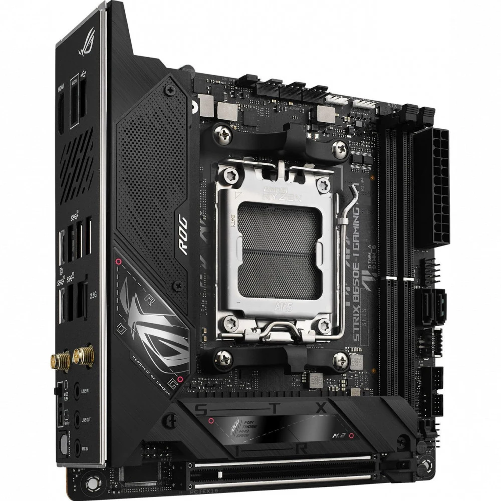 ASUS ROG STRIX B650E-I GAMING WIFI (Socket AM5, mini ITX, 2xDDR5(64GB), HDMI 2.1, 1xPCIe 5.0x16, 1xLAN (2.5GbE), Wi-Fi, BT, 2xSATA 6Gb/s, 2xM.2, 2xUSB-C, 4xUSB 3.2, 2xUSB 2.0)