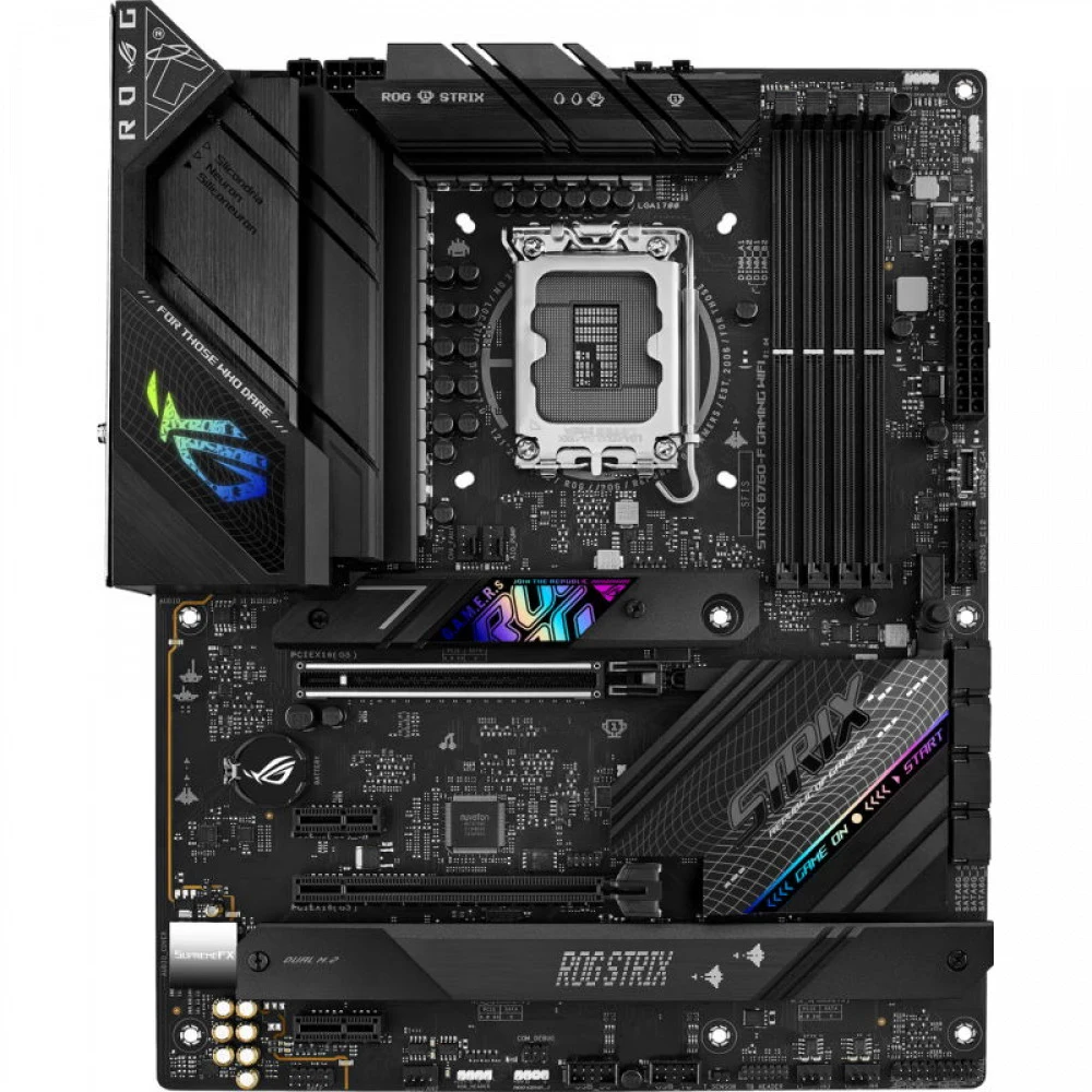 ASUS ROG STRIX B760-F GAMING WIFI (Socket 1700, ATX, 4xDDR5(192GB), DP/HDMI 2.1, 1xPCIe 5.0x16/1xPCIe 3.0x16/2xPCIe 3.0, 1xLAN (2.5GbE), Wi-Fi, BT, 4xSATA 6Gb/s, 3xM.2, 1xType-C, 7xUSB 3.2)