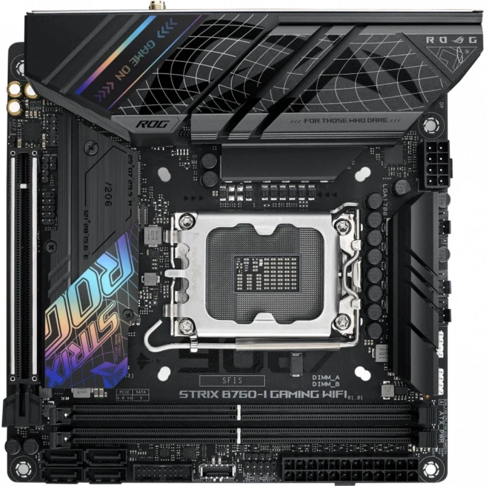 ASUS ROG STRIX B760-I GAMING WIFI (Socket 1700, mini ITX, 2xDDR5(96GB), DP/HDMI, 1xPCIe 5.0x16, 1xLAN (2.5GbE), Wi-Fi, 4xSATA 6Gb/s, 2xM.2, 2xType-C, 3xUSB 3.2, 3xUSB 2.0)