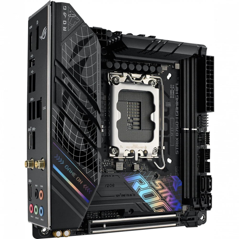 ASUS ROG STRIX B760-I GAMING WIFI (Socket 1700, mini ITX, 2xDDR5(96GB), DP/HDMI, 1xPCIe 5.0x16, 1xLAN (2.5GbE), Wi-Fi, 4xSATA 6Gb/s, 2xM.2, 2xType-C, 3xUSB 3.2, 3xUSB 2.0)