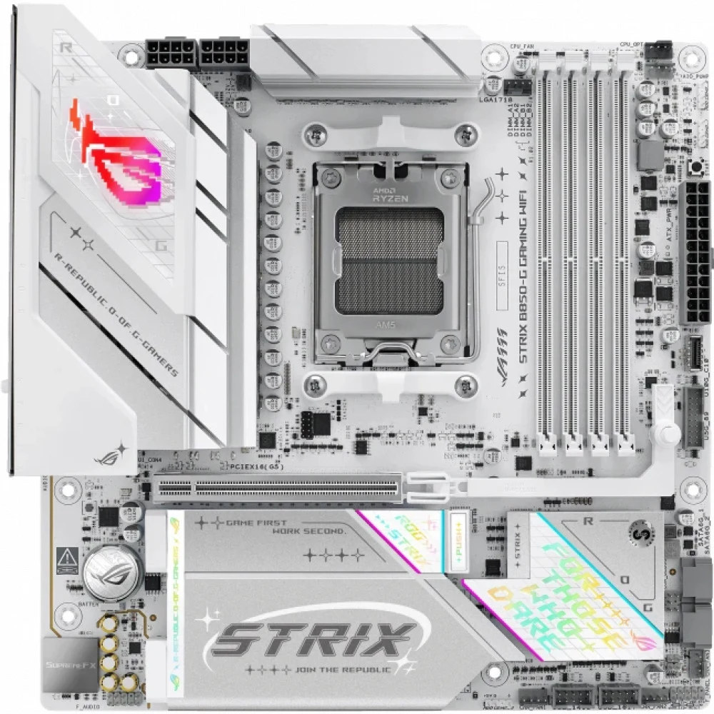 ASUS ROG STRIX B850-G GAMING WIFI (Socket AM5, mATX, 4xDDR5(256GB), DP/HDMI, 2xPCIe 5.0x16, 1xLAN (2.5GbE), Wi-Fi, BT, 2xSATA 6Gb/s, 4xM.2, 2xType-C, 6xUSB 3.2, 2xUSB 2.0)