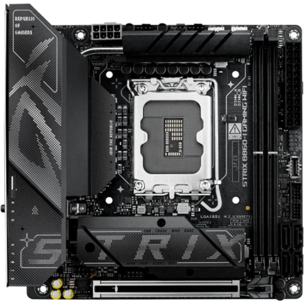 ASUS ROG STRIX B860-I GAMING WIFI (Socket 1851, mITX, 2xDDR5(128GB), DP/HDMI, 1xPCIe 5.0x16, 1xLAN(2.5GbE), Wi-Fi, BT, Thunderbolt 4, 4xSATA 6Gb/s, 2xM.2, 2xType-C, 4xUSB 3.2, 2xUSB 2.0)