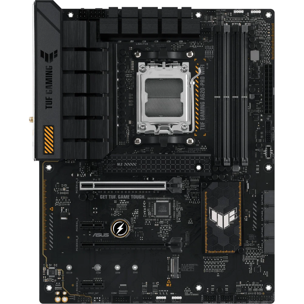 ASUS TUF GAMING A620-PRO WIFI (Socket AM5, ATX, 4xDDR5(192GB), DP/HDMI 2.0, 1xPCIe 4.0x16/1xPCIe 3.0x16/2xPCIe 3.0, 1xLAN (2.5GbE), Wi-Fi, BT, 4xSATA 6Gb/s, 2xM.2, 2xUSB 3.2, 3xUSB 2.0)