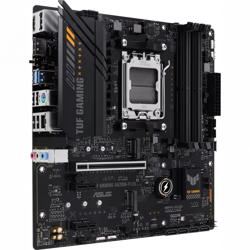 ASUS TUF GAMING A620M-PLUS (Socket AM5, mATX, 4xDDR5(128GB), 2xDP/HDMI, 1xPCIe 4.0x16/2xPCIe 3.0, 1xLAN (2.5GbE), 4xSATA 6Gb/s, 2xM.2, 2xUSB 3.2, 4xUSB 2.0, 1xPS/2)