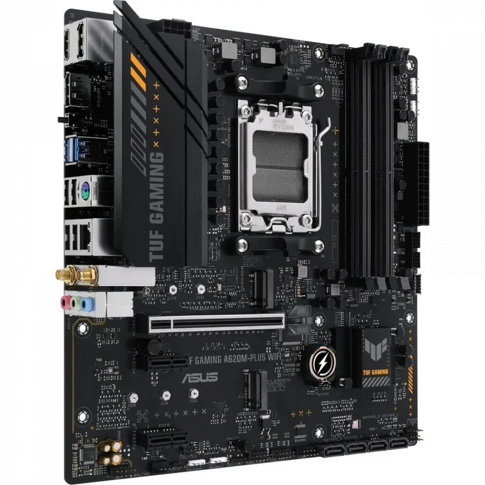 ASUS TUF GAMING A620M-PLUS WIFI (Socket AM5, mATX, 4xDDR5(128GB), 2xDP/HDMI 2.1, 1xPCIe 4.0x16/2xPCIe 3.0, 1xLAN (2.5GbE), Wi-Fi, BT, 4xSATA 6Gb/s, 2xM.2, 2xUSB 3.2, 4xUSB 2.0, 1xPS/2)