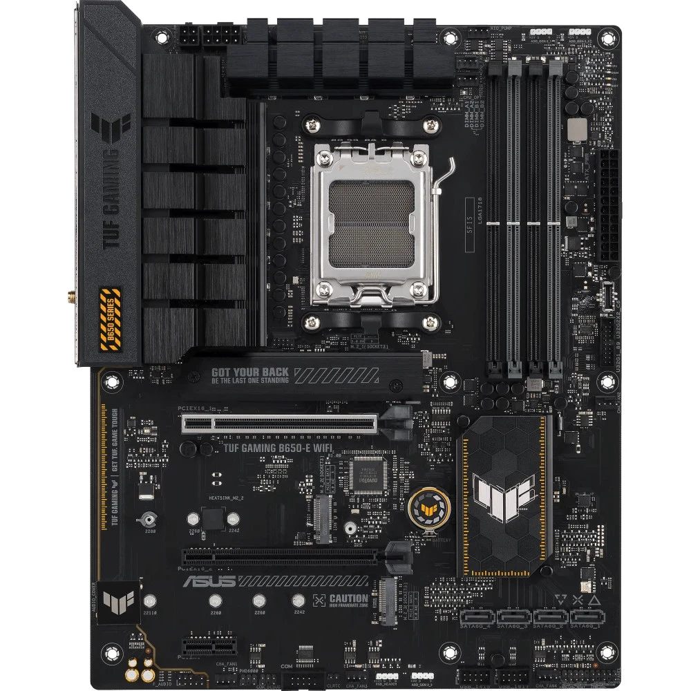 ASUS TUF GAMING B650-E WIFI (Socket AM5, ATX, 4xDDR5(192GB), DP/HDMI, 2xPCIe 4.0x16/1xPCIe 4.0, 1xLAN (2.5GbE), Wi-Fi, BT, 4xSATA 6Gb/s, 3xM.2, 1xType-C, 4xUSB 3.2, 3xUSB 2.0)