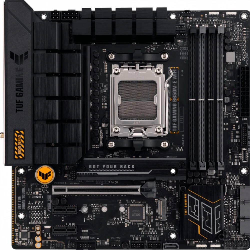 ASUS TUF GAMING B650M-E (Socket AM5, mATX, 4xDDR5(128GB), 2xDP/HDMI, 1xPCIe 4.0x16/2xPCIe 4.0, 1xLAN (2.5GbE), 4xSATA 6Gb/s, 2xM.2, 1xType-C, 3xUSB 3.2, 4xUSB 2.0)
