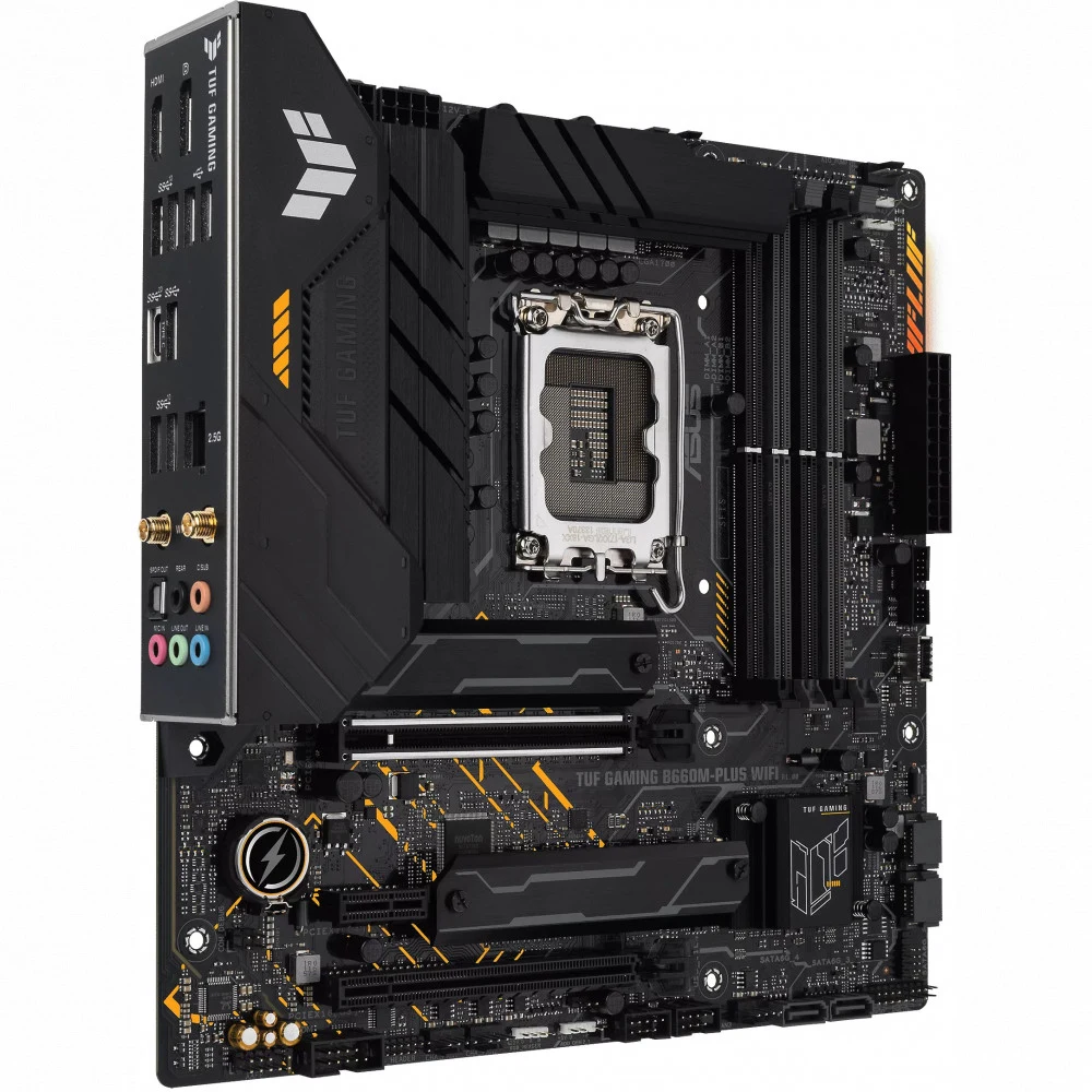 ASUS TUF GAMING B660M-PLUS WIFI (Socket 1700, mATX, 4xDDR5(128GB), DP/HDMI, 1xPCIe 5.0x16/1xPCIe 3.0x16/1xPCIe 4.0, 1xLAN (2.5GbE), 4xSATA 6Gb/s, 2xM.2, 1xType-C, 5xUSB 3.2, 2xUSB 2.0)