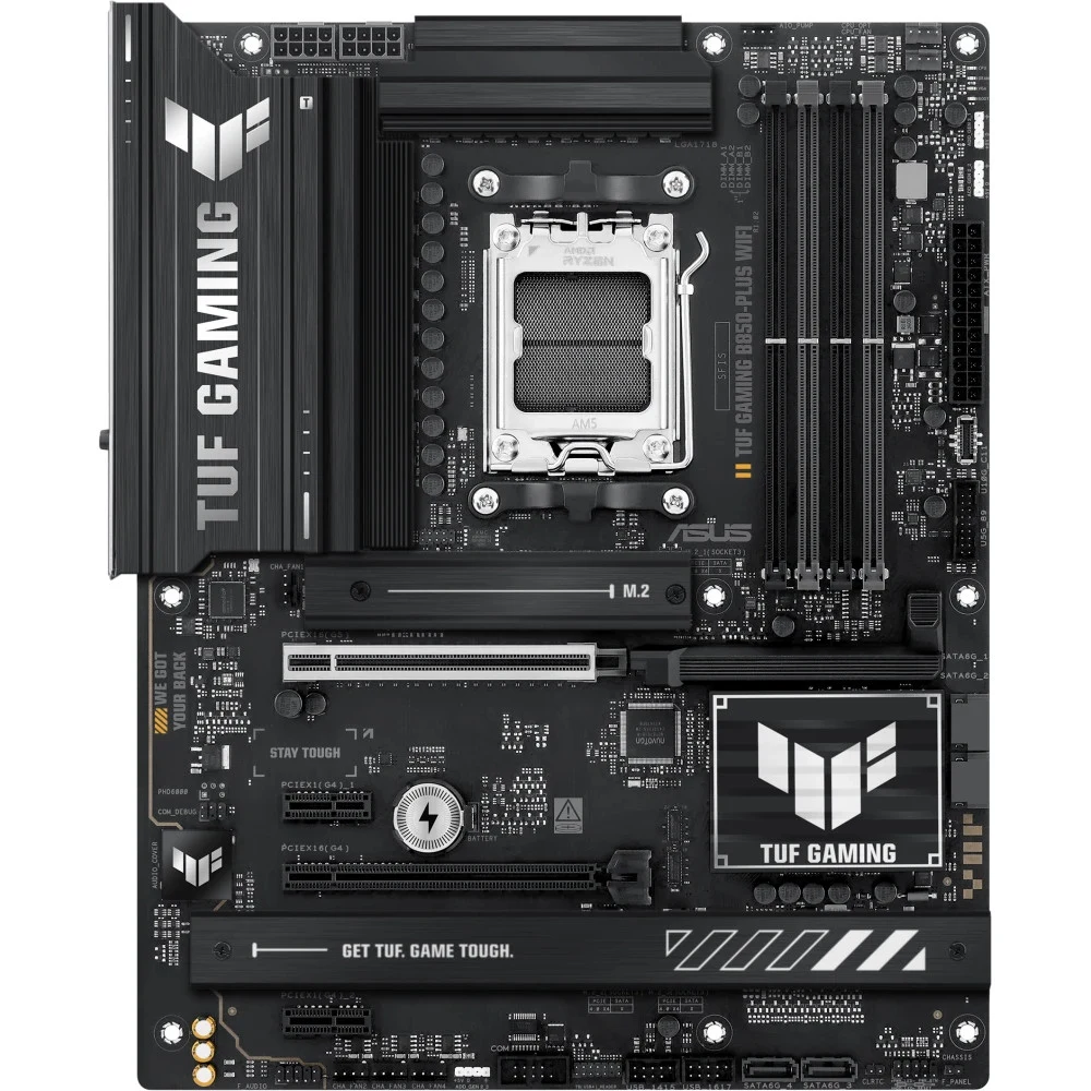 ASUS TUF GAMING B850-PLUS WIFI (Socket AM5, ATX, 4xDDR5(256GB), DP/HDMI, 1xPCIe 5.0x16/1xPCIe 4.0x16/2xPCIe 4.0x1, 1xLAN (2.5GbE), Wi-Fi 7, 4xSATA 6Gb/s, 3xM.2, 1xType-C, 7xUSB 3.2, 2xUSB 2.0)