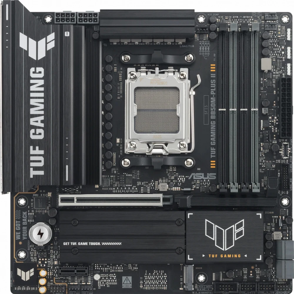 ASUS TUF GAMING B850M-PLUS II (Socket AM5, mATX, 4xDDR5(256GB), DP/HDMI, 1xPCIe 5.0x16/1xPCIe 4.0x16/1xPCIe 4.0, 1xLAN (2.5GbE), 4xSATA 6Gb/s, 3xM.2, 1xType-C, 7xUSB 3.2, 4xUSB 2.0)