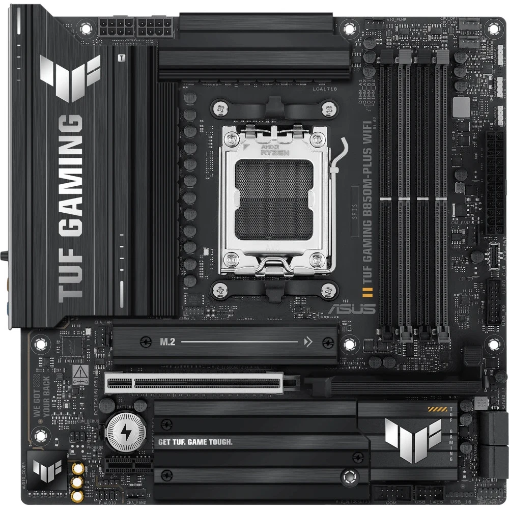 ASUS TUF GAMING B850M-PLUS WIFI7 (Socket AM5, mATX, 4xDDR5(256GB), DP/HDMI, 1xPCIe 5.0x16/1xPCIe 4.0x16/1xPCIe 4.0x1, 1xLAN (2.5GbE), Wi-Fi, BT, 4xSATA 6Gb/s, 3xM.2, 1xType-C, 7xUSB 3.2, 4xUSB 2.0)