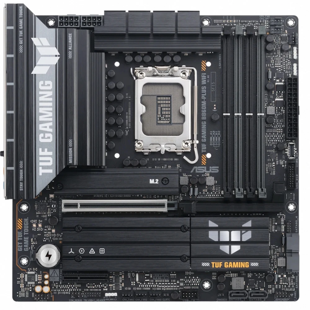 ASUS TUF GAMING B860M-PLUS (Socket 1851, ATX, 4xDDR5(256GB), DP/HDMI/1 x Type-С supports DP, 1xPCIe 5.0x16/1xPCIe 4.0x1, 1xLAN(2.5GbE), 4xSATA 6Gb/s, 3xM.2,1xType-C, 5xUSB 3.2, 2xUSB 2.0)