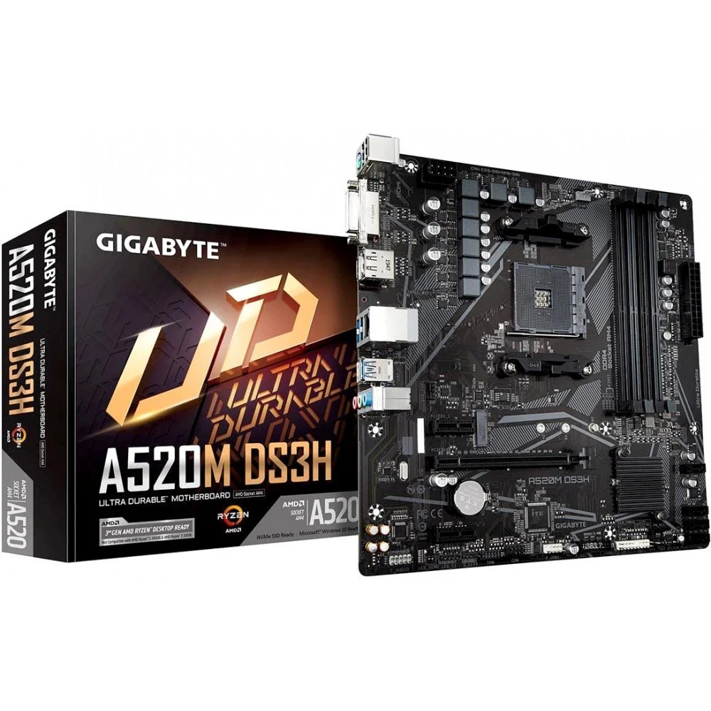 Материнская плата, Gigabyte, A520M DS3H AC (4719331810696), AM4, А520, 4xDDR4 3200, 4xSATA3, 1xM.2 (SATA и PCIe 3.0 x2/x4), 1xDVI-D, 1xHDMI, 1xDP, 1xPCI-Ex16, 2xPCI-Ex1, WiFi, mATX