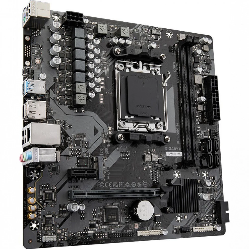 Материнская плата Gigabyte A620M H, Socket AM5, AMD A620, 2xDDR5-5200, HDMI+DP, 1xPCI-Ex16, 1xPCI-Ex1, 4xSATA3(RAID 0/1/10), 1xM.2, 8 Ch Audio, GLan, (4+4)xUSB2.0, (2+2)xUSB3.2, 1xPS/2, mATX, RTL {1