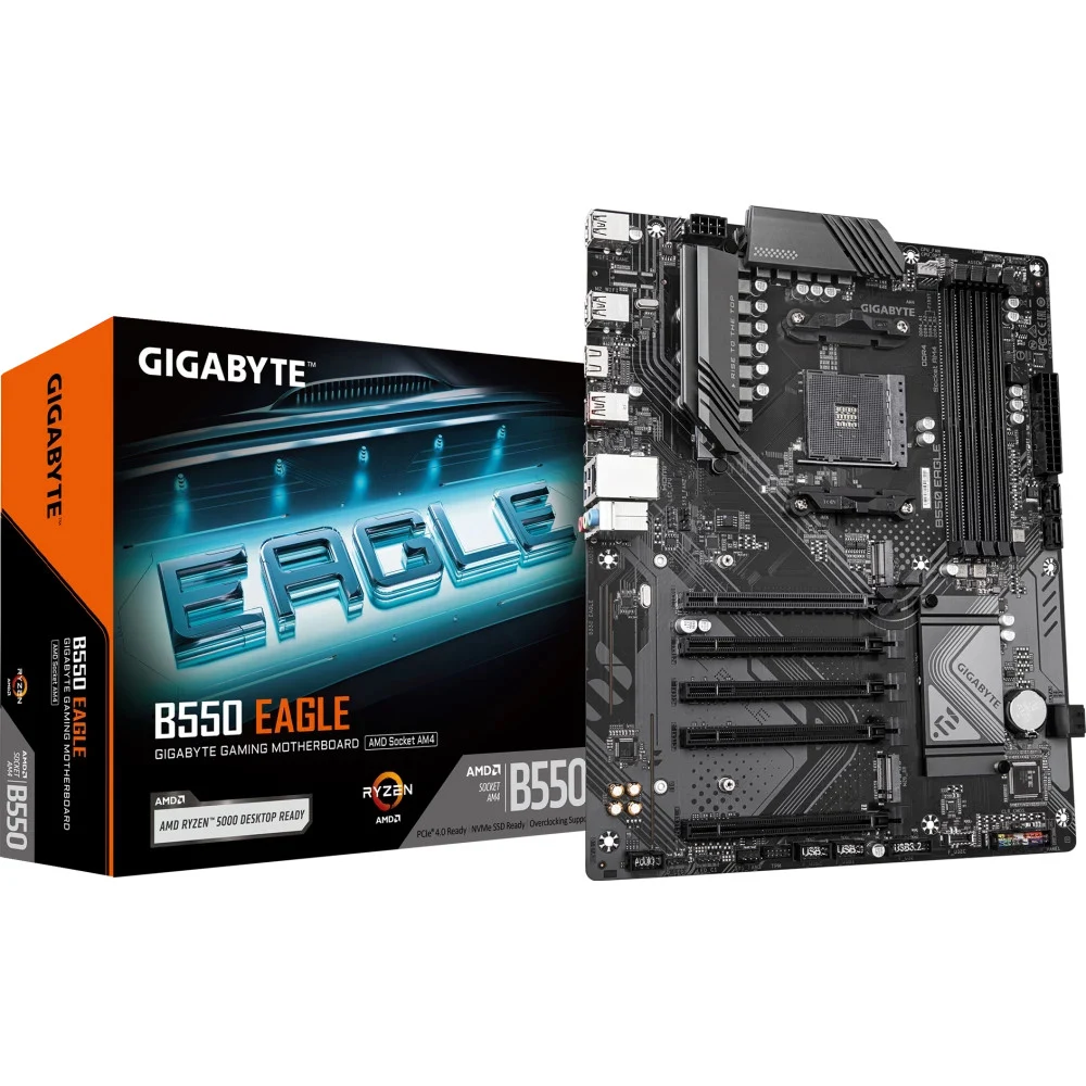 Материнская плата, Gigabyte, B550 EAGLE (4719331868208), AM4, B550, 4xDDR4 3200MHz, 4xSATA3, 2xM.2 (1*PCIe 4.0x4/x2 & SATA, 1*PCIe 3.0x4/x2), RAID, 1xHDMI, 4xPCI-Ex16, ATX
