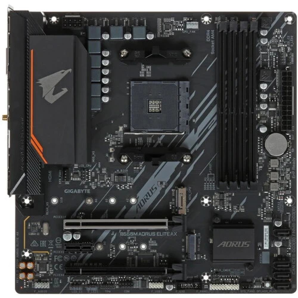 Материнская плата, Gigabyte, B550M AORUS ELITE AX (4719331855055), AM4, B550, 4xDDR4 3200/4733(OC), 4xSATA3, 2xM.2 (1*PCIe 3.0 x2 & SATA, 1*PCIe 4.0 x4/x2 & SATA), RAID, 1xHDMI, 1хDVI-D, 2xPCI-Ex16,