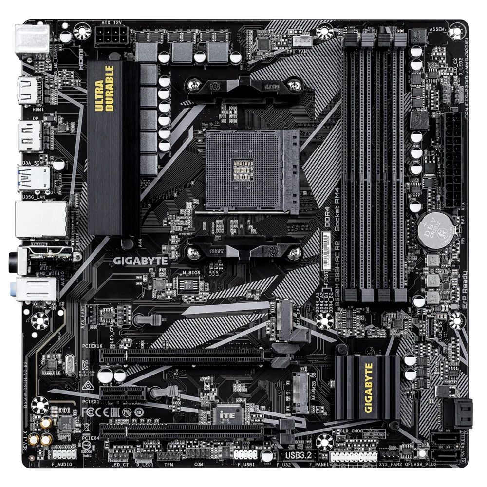 Материнская плата GIGABYTE B550M DS3H AC R2, AM4, B550, 4*DDR4, 4*SATA, 2*M.2, 4*USB 3.2, 2*USB 2.0, 2*PCIx16, 1*PCIx1, HDMI+DP, mATX